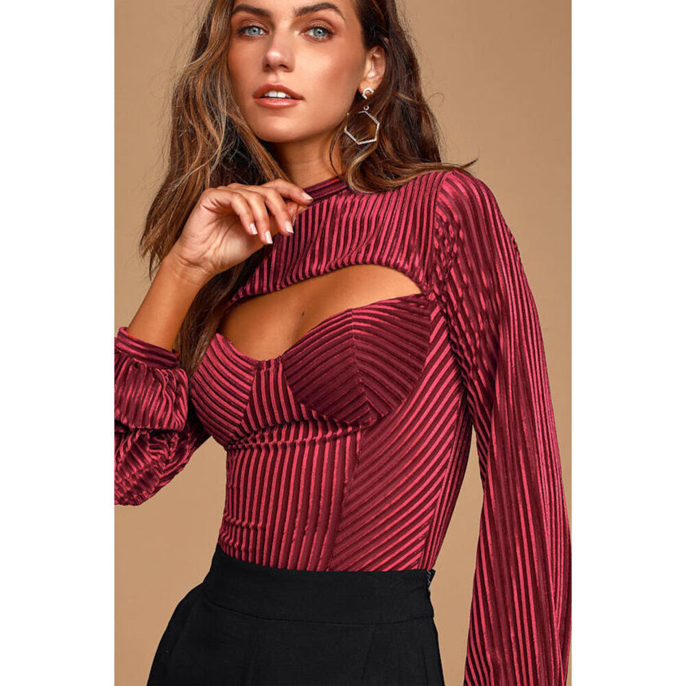 Lulus Always Alluring Burgundy Striped Velvet Cutout Bustier Bodysuit Red